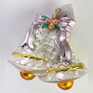 Christopher Radko 5” Glass Ornament White Bells Pink Ribbon Christmas Wedding